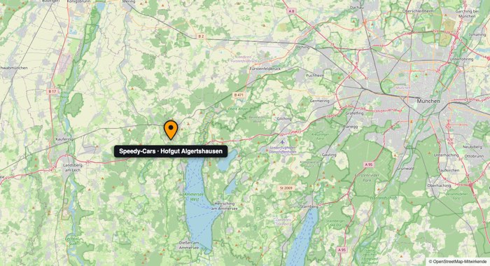 Übersichtskarte: Lage des Hofguts Algertshausen zwischen Landsberg am Lech, dem Ammersee und München